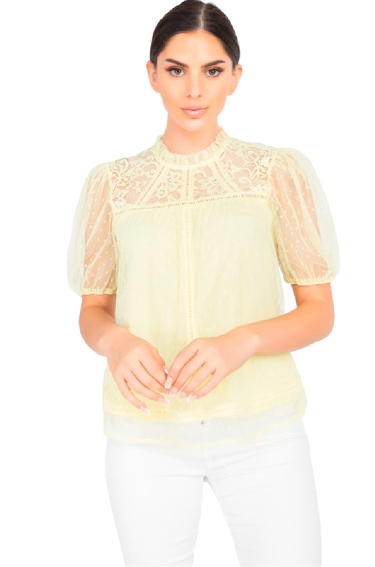 Blusa Con Transparencia, Manga Corta Tipo Globo