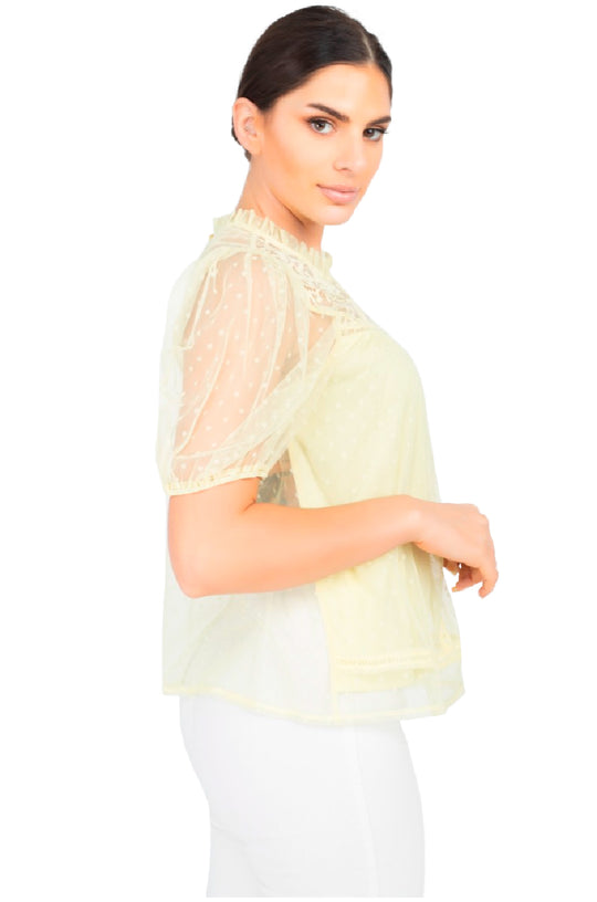 Blusa Con Transparencia, Manga Corta Tipo Globo