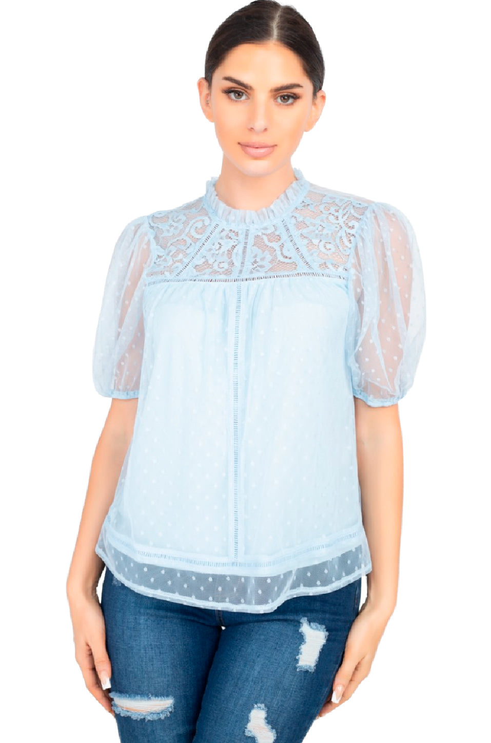 Blusa Con Transparencia, Manga Corta Tipo Globo