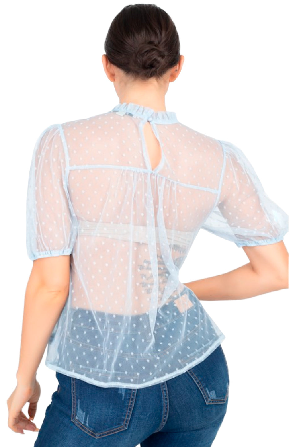 Blusa Con Transparencia, Manga Corta Tipo Globo