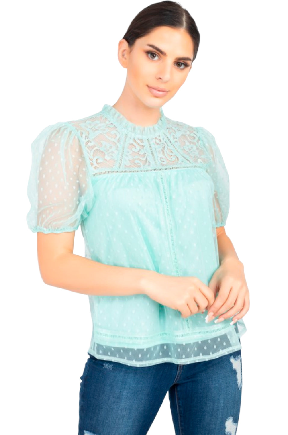 Blusa Con Transparencia, Manga Corta Tipo Globo