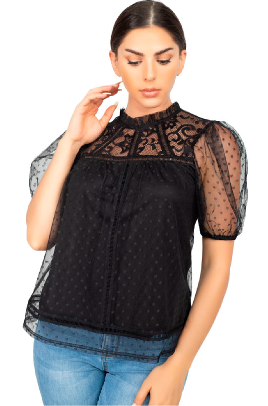 Blusa Con Transparencia, Manga Corta Tipo Globo