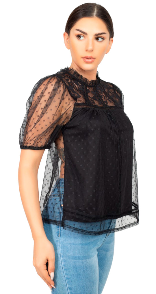 Blusa Con Transparencia, Manga Corta Tipo Globo