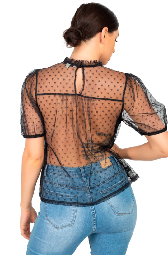 Blusa Con Transparencia, Manga Corta Tipo Globo